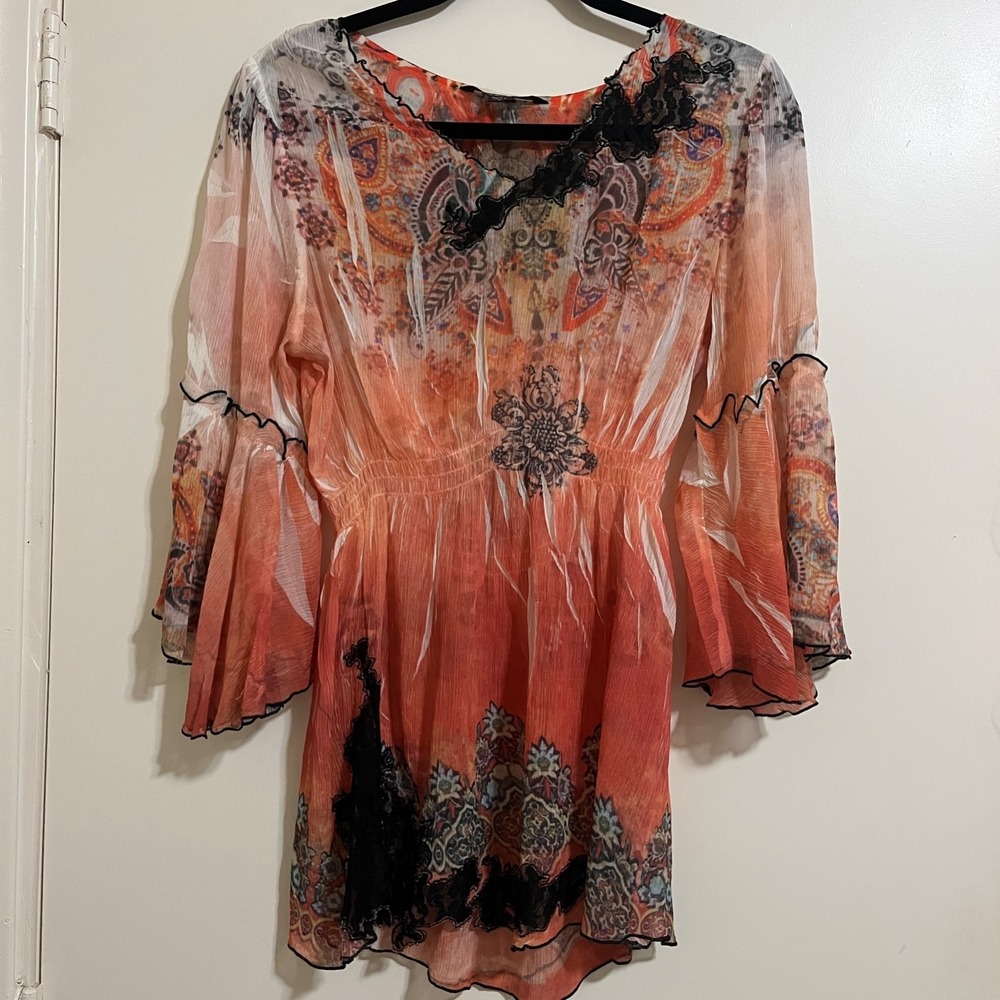 Y2K Fairy Sheer Lace Tunic Top S Whimsigoth Bell Sleeves Boho Festival Ethereal
